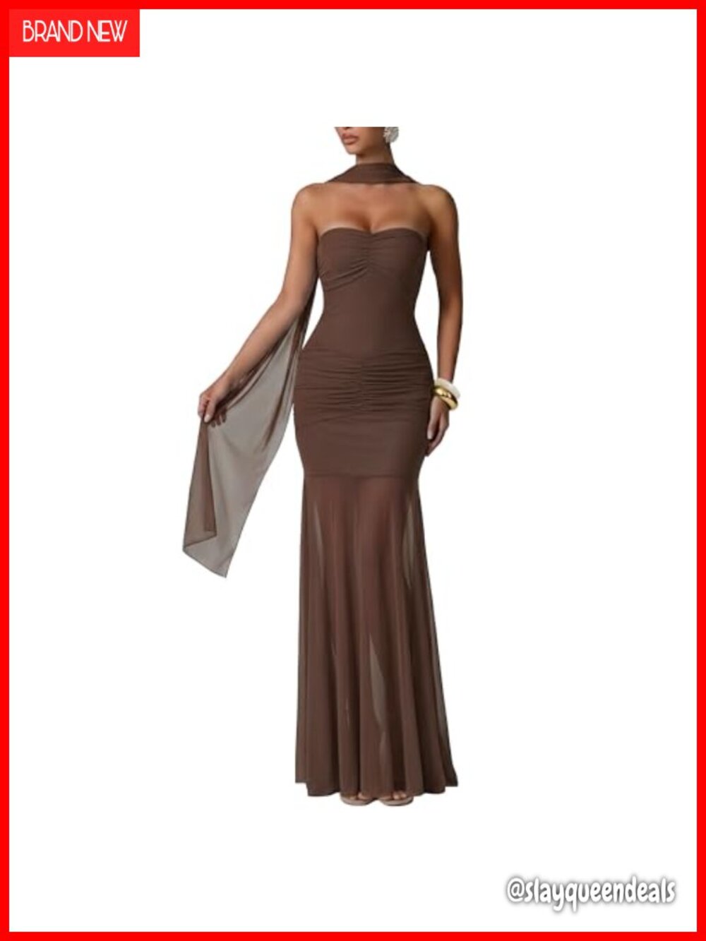 Ruched Bodycon Mermaid Maxi Dress Fixed Attached Mesh Neck Scarf Formal